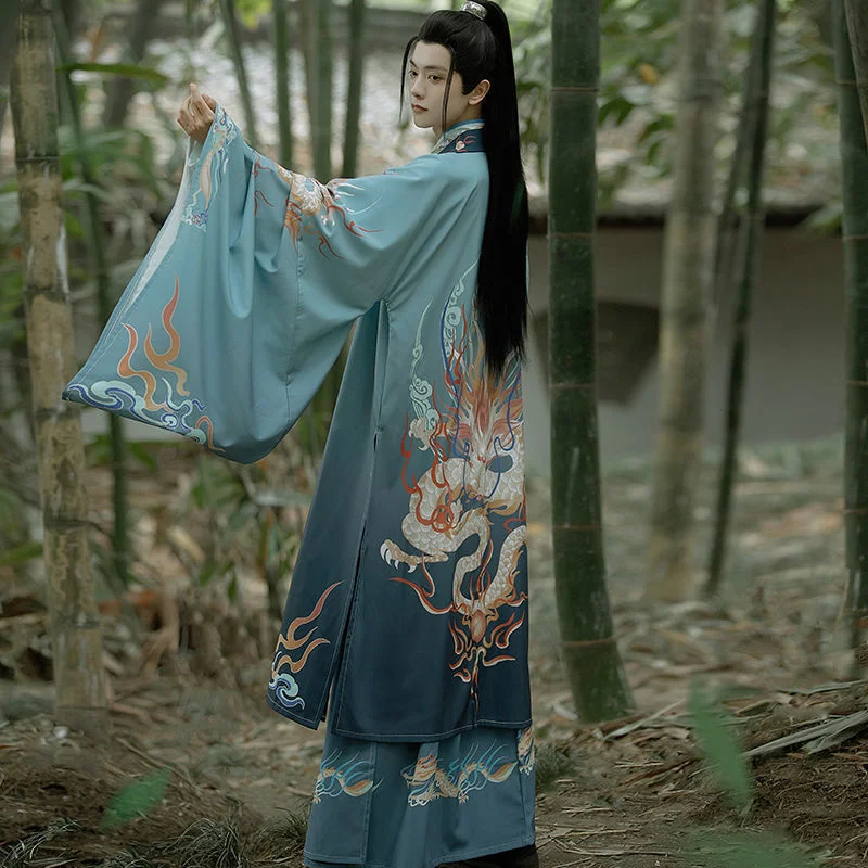 Conjunto estampado hanfu masculino, manga grande, colarinho cruzado, hanfu, estilo wei jin, cavaleiro estudantil, performance de palco, novo estilo chinês, primavera