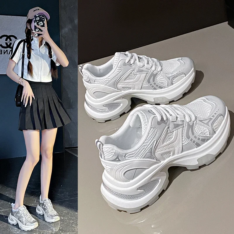 Thick Sole Women Sport Running Shoes Comfortable Walking Sneakers for Girls Spring Summer Silver Lady Fitness Walk Shoes image 2