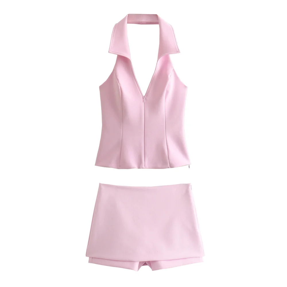 

2024ZAR * Spring/Summer New Women's Style Versatile Shirt Style Hanging Neck Collar Sleeveless Pink Top Low Waist Skirts