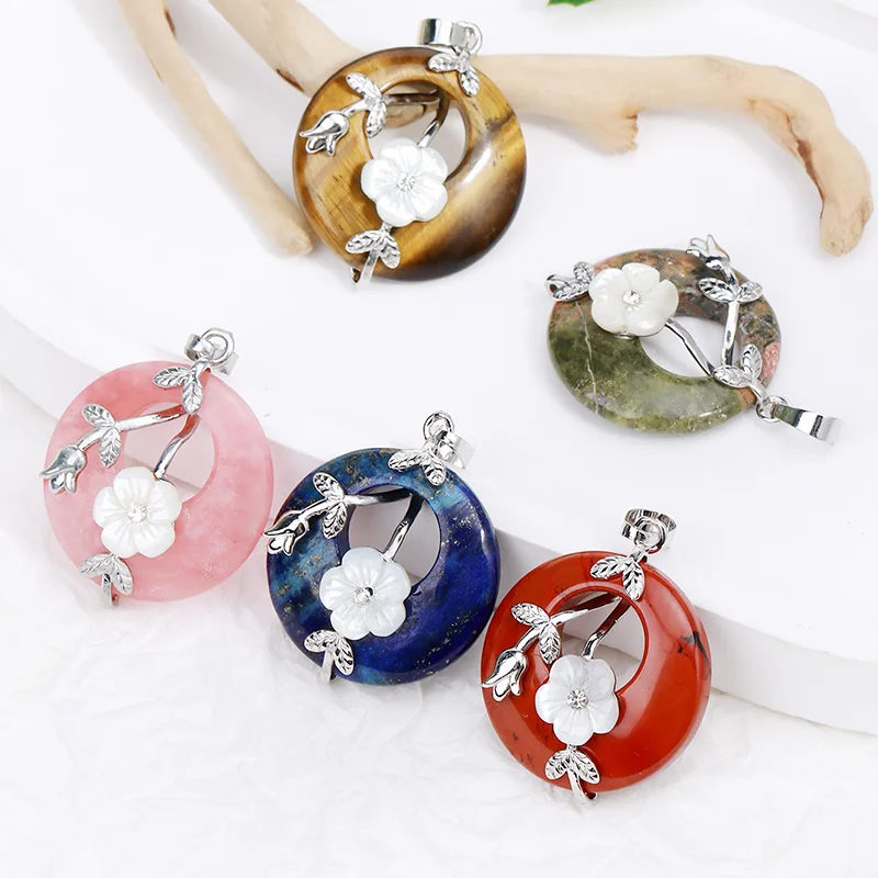 CSJA collier en pierres naturelles, pendentif en feuille de fleur gravée, Quartz rose, onyx et perle de donuts, bijoux, collier pierre naturelle , pendentif pierre naturelle , pierres naturelles véritables ,oeil de tig-image