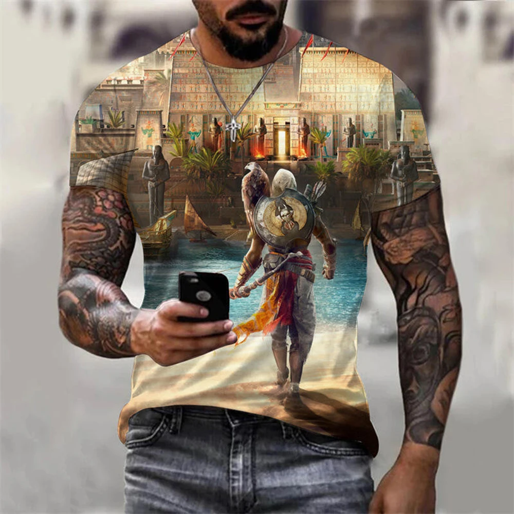 New Men's Street Vintage Short-Sleeved T-Shirt Crew-Neck Printed Knights Short-Sleeved Summer Casual Breathable Crisp T-Shirt