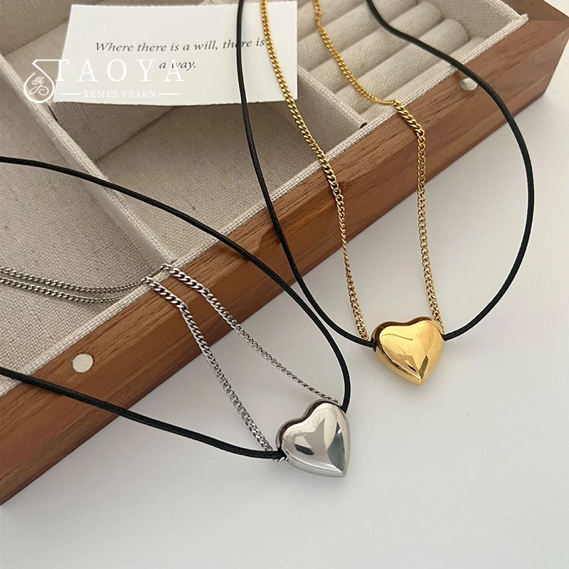 

Double Layer Splicing Stainless steel Chain PU Chain Heart-shaped Pendant Necklace For Women's Sexy Collarbone fashion Jewelry