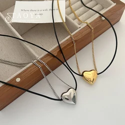 Double Layer Splicing Stainless steel Chain PU Chain Heart-shaped Pendant Necklace For Women's Sexy Collarbone fashion Jewelry