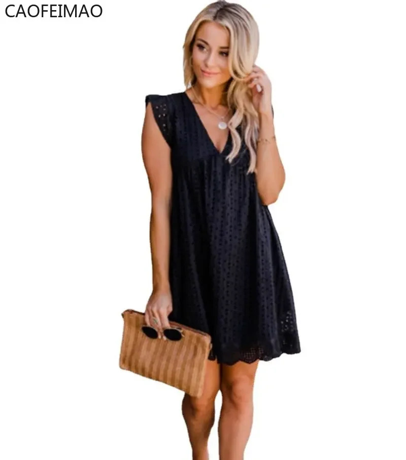 V-neck Summer Short Sleeve Lace Dress Hollow Casual Dress Women Party Dresses Ladies 2025 A Line Vestidos Robe with Pocket