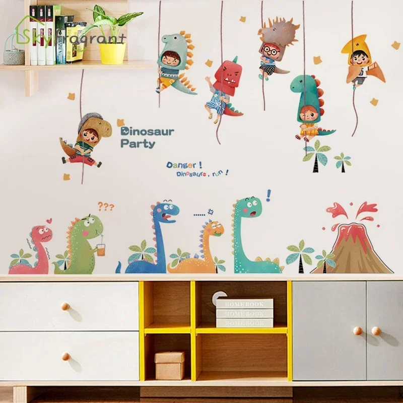 Fun Dinosaur Wall Stickers For Kids Rooms Child Bedroom Wardrobe Cute Home Wall Decoration Self Adhesive Sticker Wallpapers