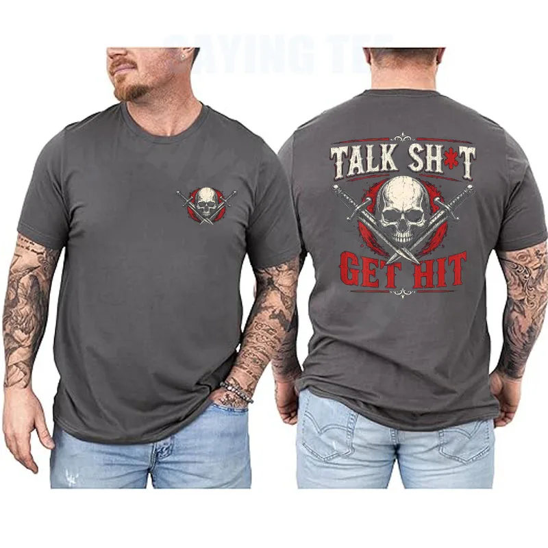 Talk Shit Get Hit Lustiges Sarkastisches Spruch-T-Shirt Witziges T-Shirt Y2k Totenkopf Horror Herrenbekleidung Halloween-Kostüm Baumwolle Streetwear Top – Detail 5