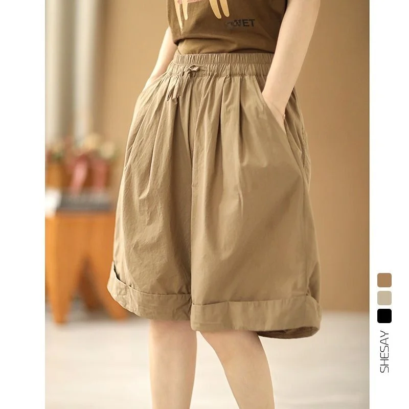 Verão casual cintura alta perna larga calças de cinco quartos feminino workwear orts versátil comute amigável solto ajuste calças