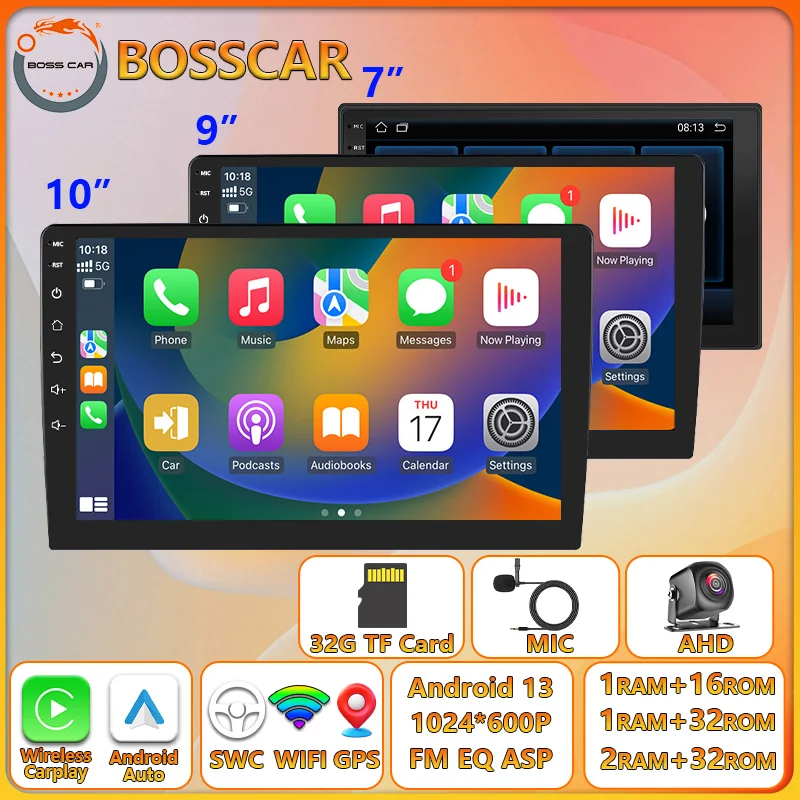 

BOSSCAR Carplay Android12 Radio Multimedia 7/9/10inch CarPlay Auto 2din Radio Stereo Receiver Player GPS FM For VW Toyota Nissan