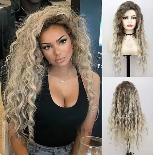 Synthetic Hair 26 INCH Long Blonde Curly Wigs for Women Waving Wig Dark Roots Ombre Wigs Fluffy Charming Party Ladies Wigs Sexy