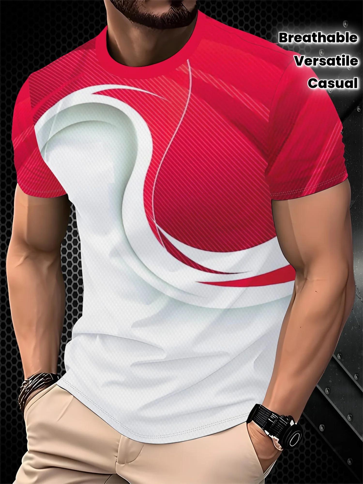 Men Sports Short Sleeve T-Shirt Quick Dry High Elastic Red White Swirl Geometric Print Breathable Slim Training Top