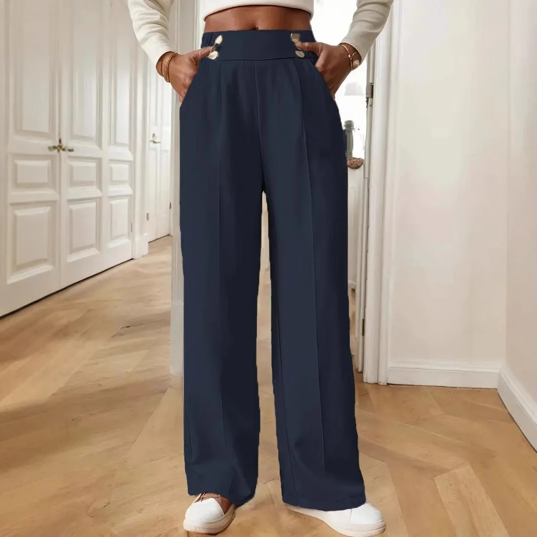 2026 Women's Draped Casual High Waist Pants Solid Color Niche Design Loose Straight Elegant Commute Slim Fit Graceful Trousers