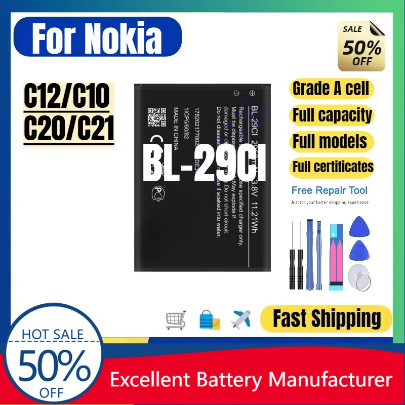 0 Cycle BL-29CI Battery for Nokia C10 C20 C21 Phone High Quality Replacement Battery Grade A Lithium Ion Bateria with Tools