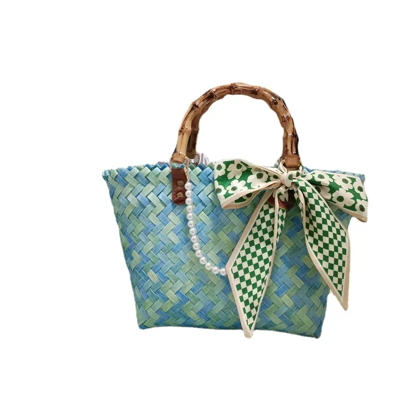 Summer Handmade Pvc Woven Tote Bag Imitation Bamboo Handle Handbag Seaside Holiday Beach Bag Daily Shopping Bag Female 2023