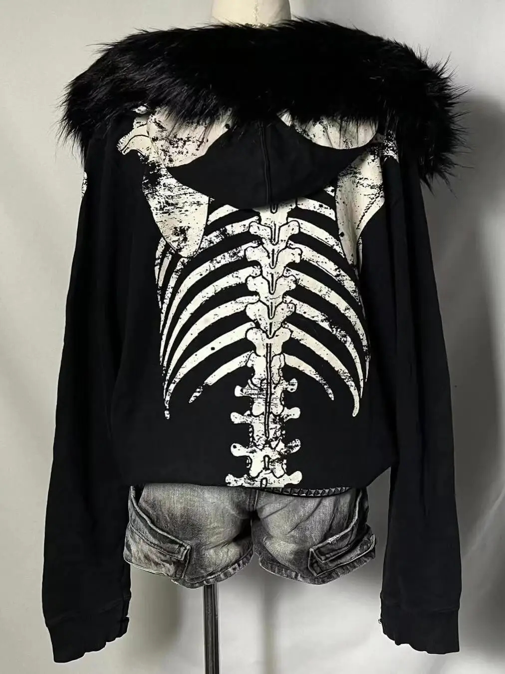 American Vintage Skull Sweatshirts Subcultural Y2k Aesthetic Women's Hoodies Autumn Winter Hooded Cardigan Coat Women Fur Print