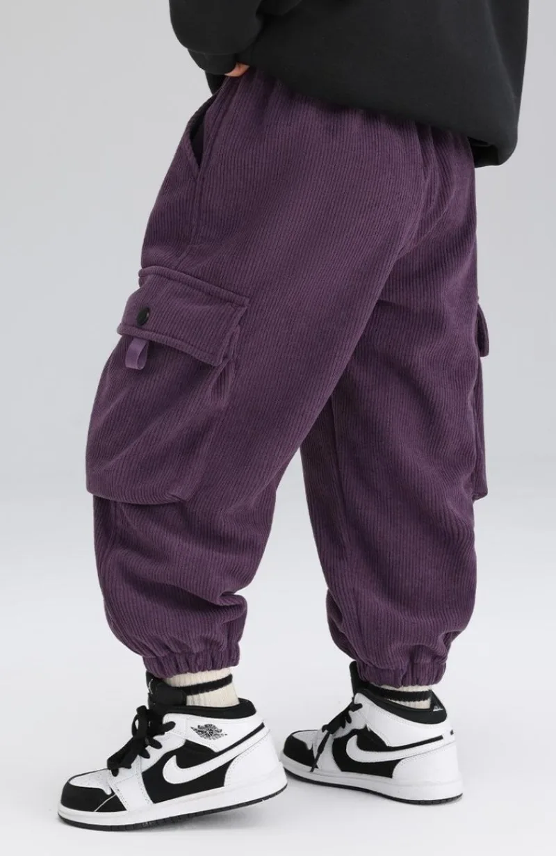 Boys' Winter Corduroy Cargo Pants 3-Layer Quilted Fleece-Lined Thermal Insulated Toddler Big Kids Pants