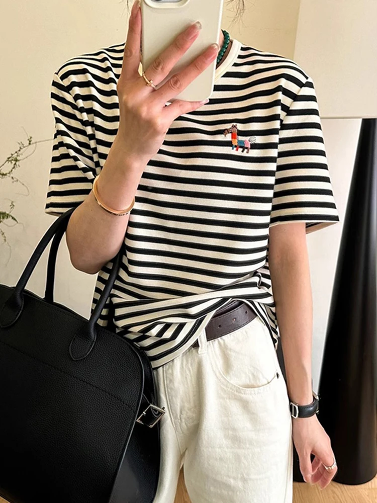 Efecto adelgazante ort Sve camiseta a rayas Casual Base de algodón puro irt Faionable coreano Sle redondo Ne Top para verano