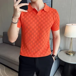 Summer Thin Ice Silk Knitted Polo Shirts Mens Elasticity Mesh Casual T Shirt Male Short Sleeve O-Neck Slim Fit Breathable Polos