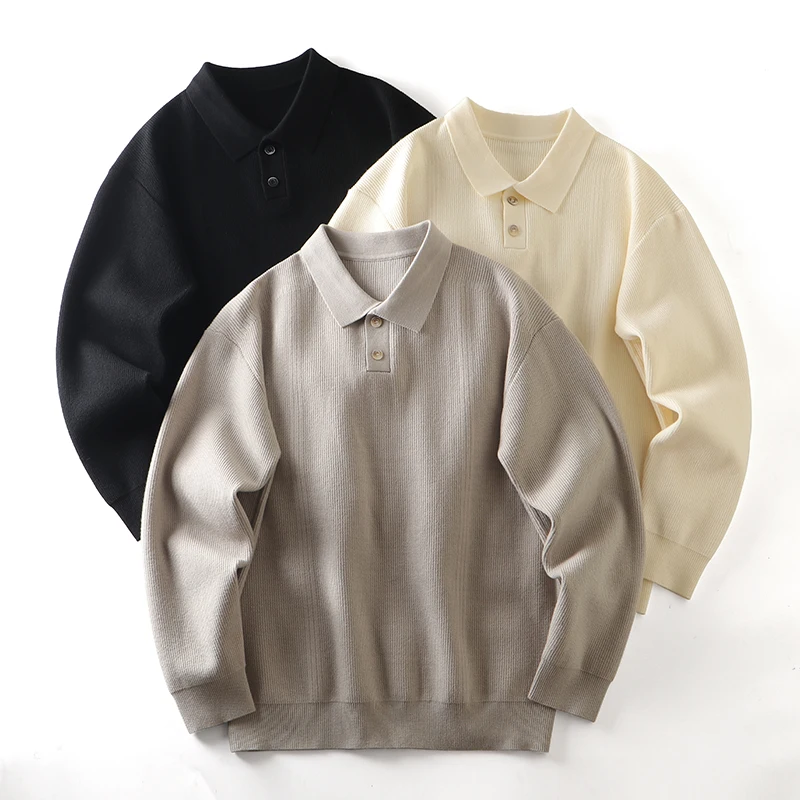 

Faionable Tri-Color Knitted Sweater with Folded Collar And Thin Stripes for Young Men Warm Casual Wear for Winter Season