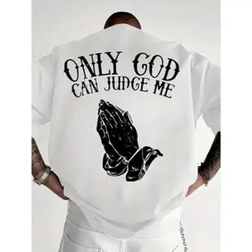 Mens Religious Graphic T Shirt BACK PRINT Only God Can Judge Me Prayer Hands Streetwear Tee Soft Breathable Fabric White Shirt Church Casual Attire Machine Washable Faith Based Apparel Temple Themed Design Comfortable Valentine's Day Gift.