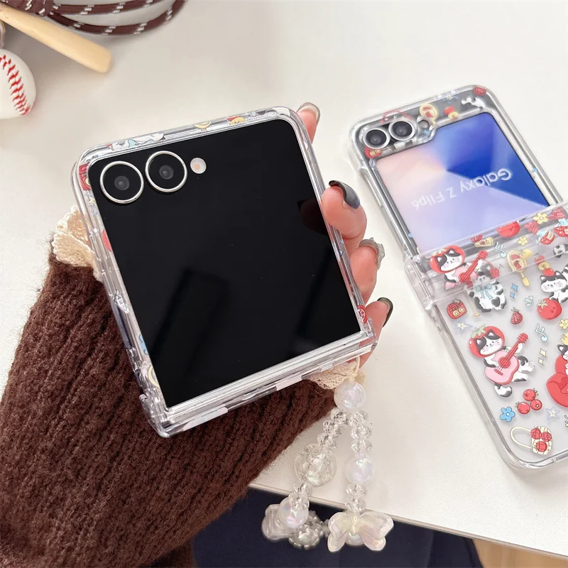 Kawaii الكرتون القط قضية الهاتف لسامسونج غالاكسي Z فليب 7 6 5 4 3 Flip6 Flip7 غطاء مع سلسلة لطيف المفصلي حالات ل ZFlip7 Funda #5