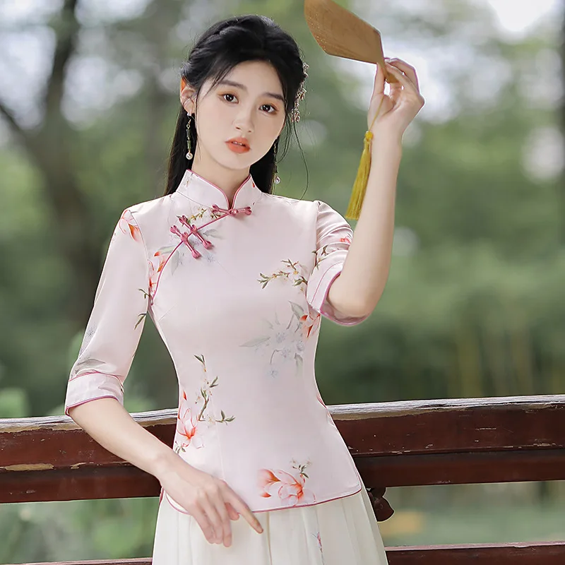 Floral Print Blouse Lady Chinese Traditional Qipao Tops Chinese Style Vintage Oversize Tang Suit Spring Summer New Hanfu Shirt