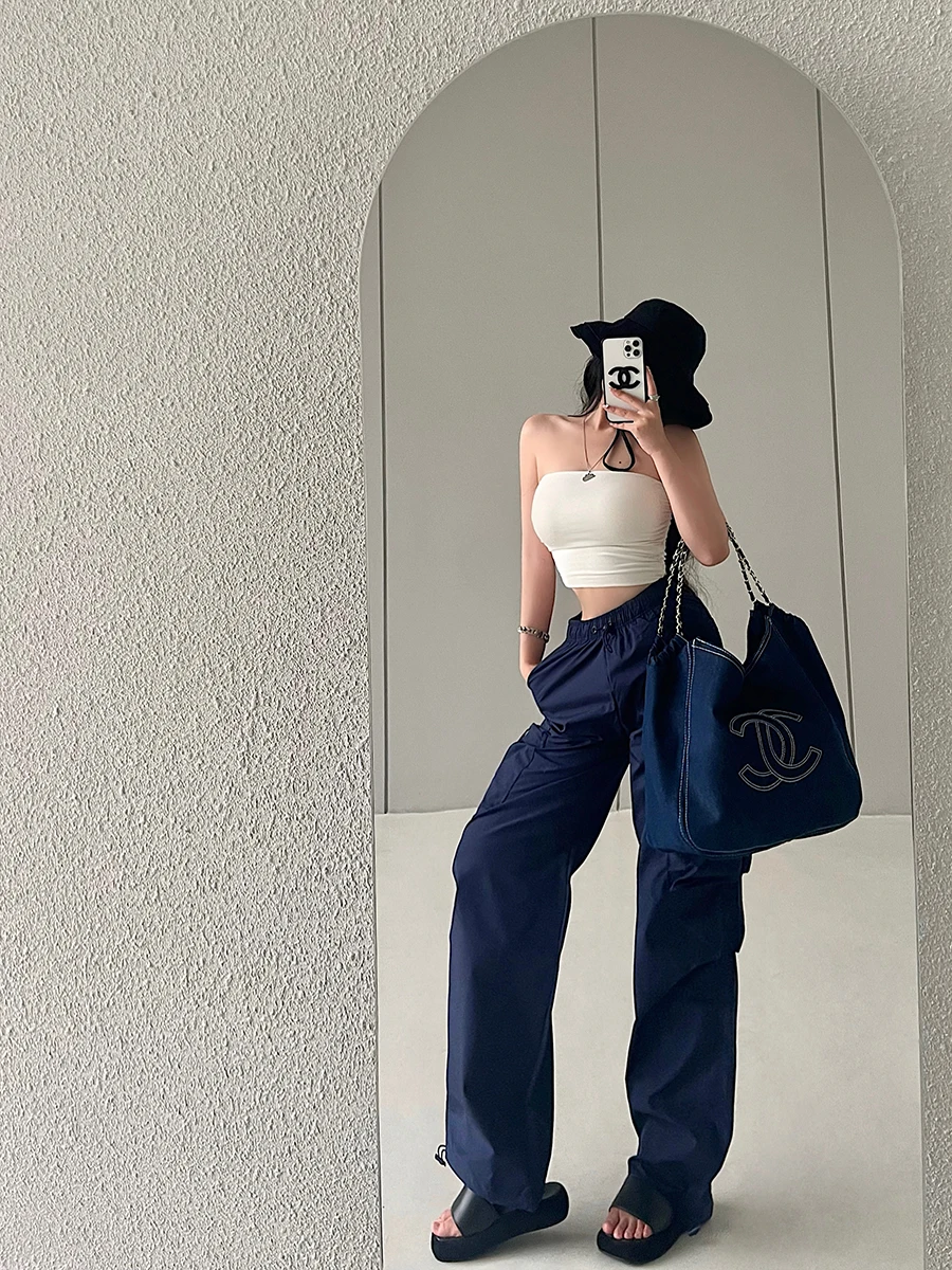 

American Street Style High Waist Loose Wide Leg Pants Drawstring Trousers Casual Long Trousers for Young Girls