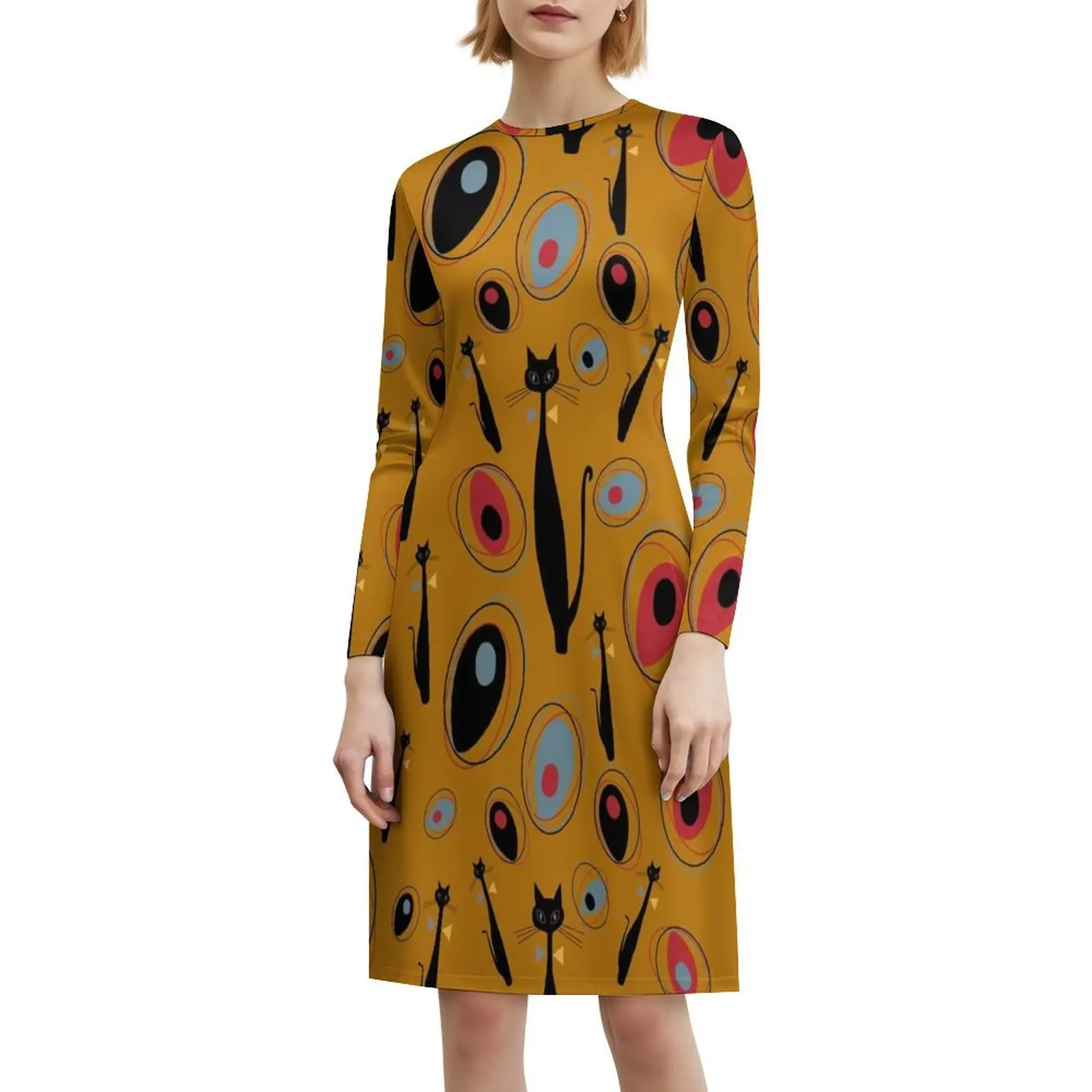 منتصف القرن الفن الحديث |   فستان Atomic Cats 1.2 بنصف قطرة على شكل قلب فستان أنيق للحفلات الصيفية للنساء بنمط القطط