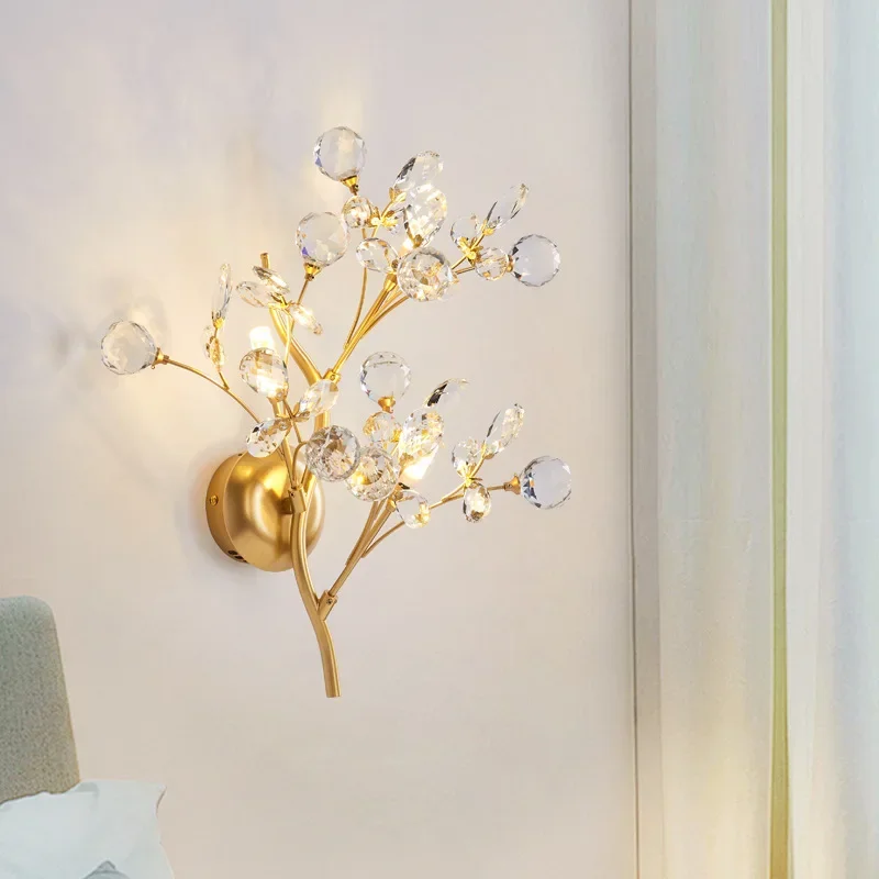 Light luxury European crystal bedroom bedside wall lamp French creative branch glass aisle corridor designer mirror headlamp