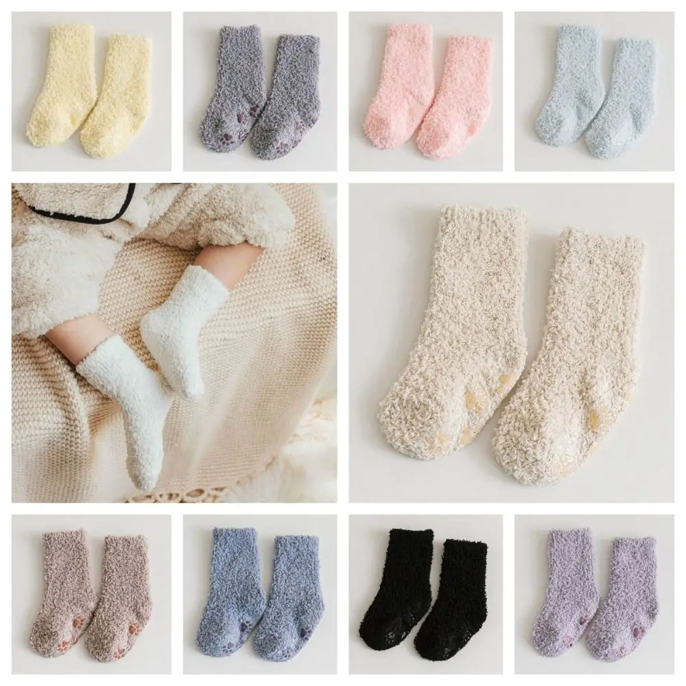 

Thickening Coral Fleece Baby Socks Solid Color Korean Style Infant Learning Walk Socks Non-Slip Sole Dispense Home Sleep Socks