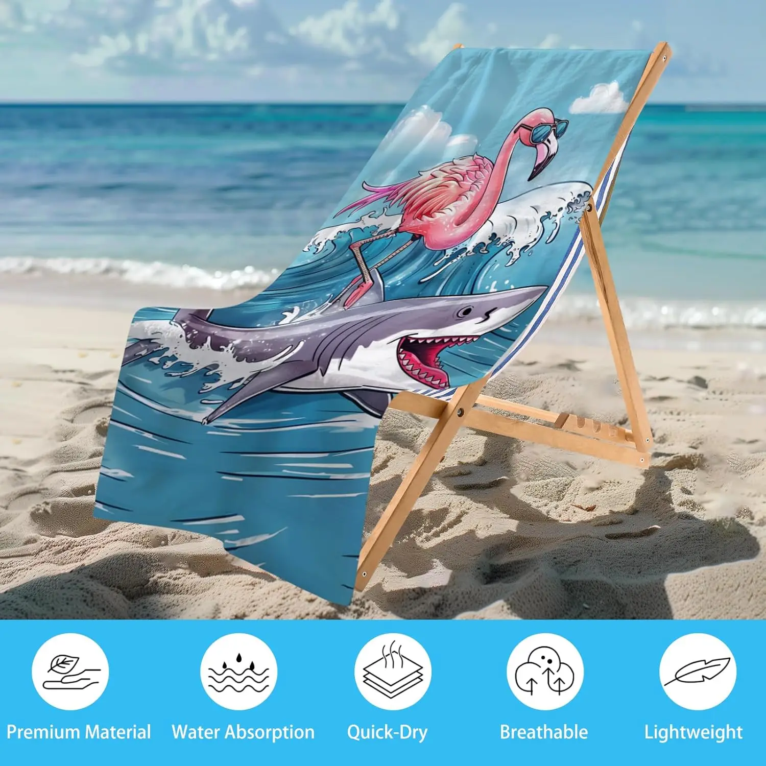 Funny Flamingo Riding A Shark Beach Towel, Hot Pink and Blue Ocean Design Quick-Dry Absorbent Bath Towel for Pool and Travel