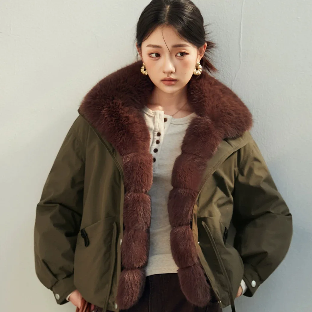 2026 Winter Removable Large Fur Collar Tooling Small Thickened Trench Coat Jacket
