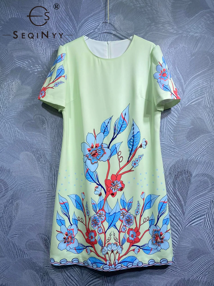 

SEQINYY Elegant Green Mini Dress Summer Spring New Fashion Design Women Beading Vintage Flower Print High Street Casual