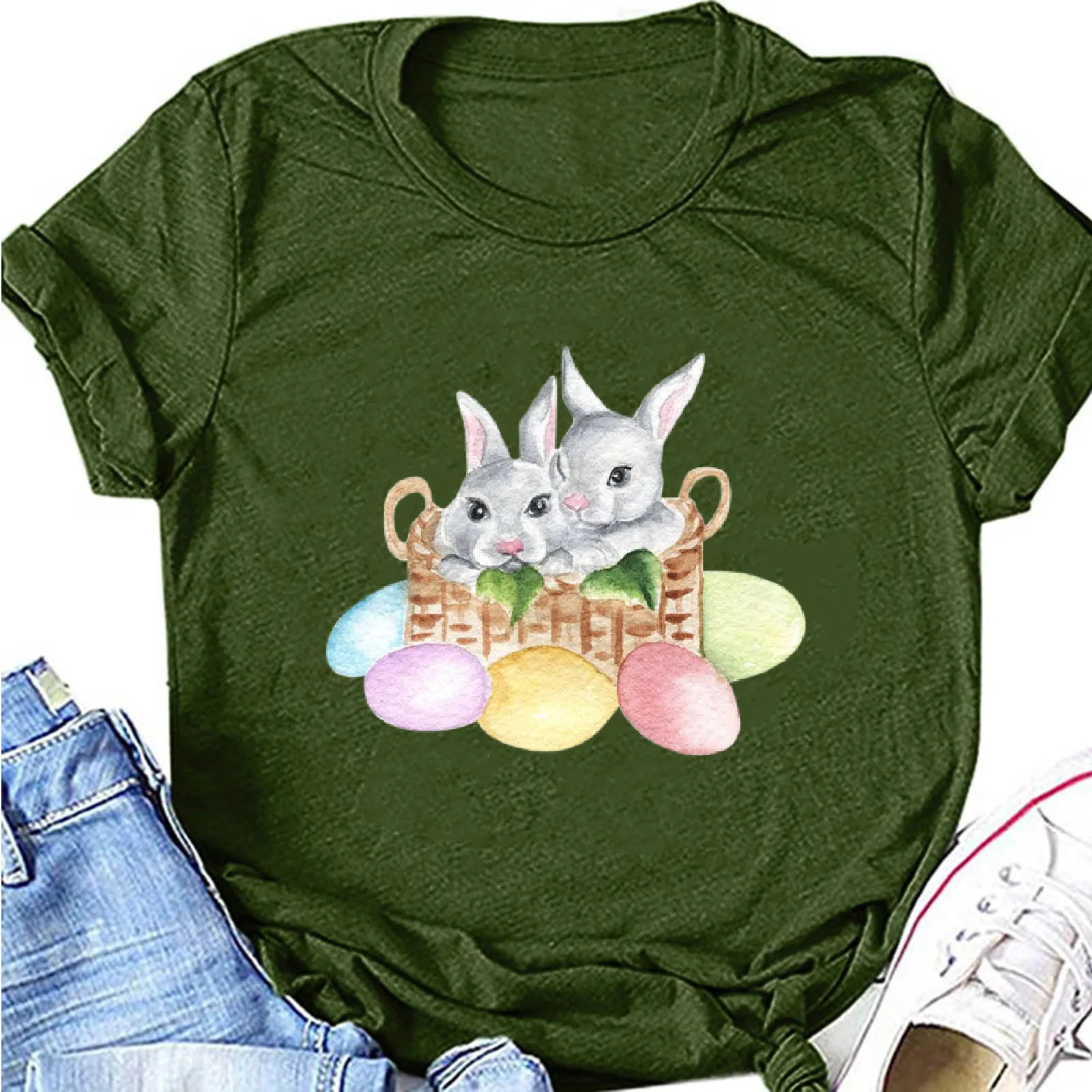 Women Easter Tee T-Shirts Crew Neck Bunny Print Short Sleeve Y2k Tees Basic Tops Adult Spring Clothing Sunday Holiday Wear