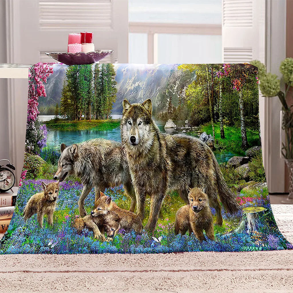 HUANZHUANG Flannel Fleece Blanket Baby Size 3D Grass Animal Wolf Blanket For Sofa, Couch, Bed, Printed Pattern Plush Throw Dog