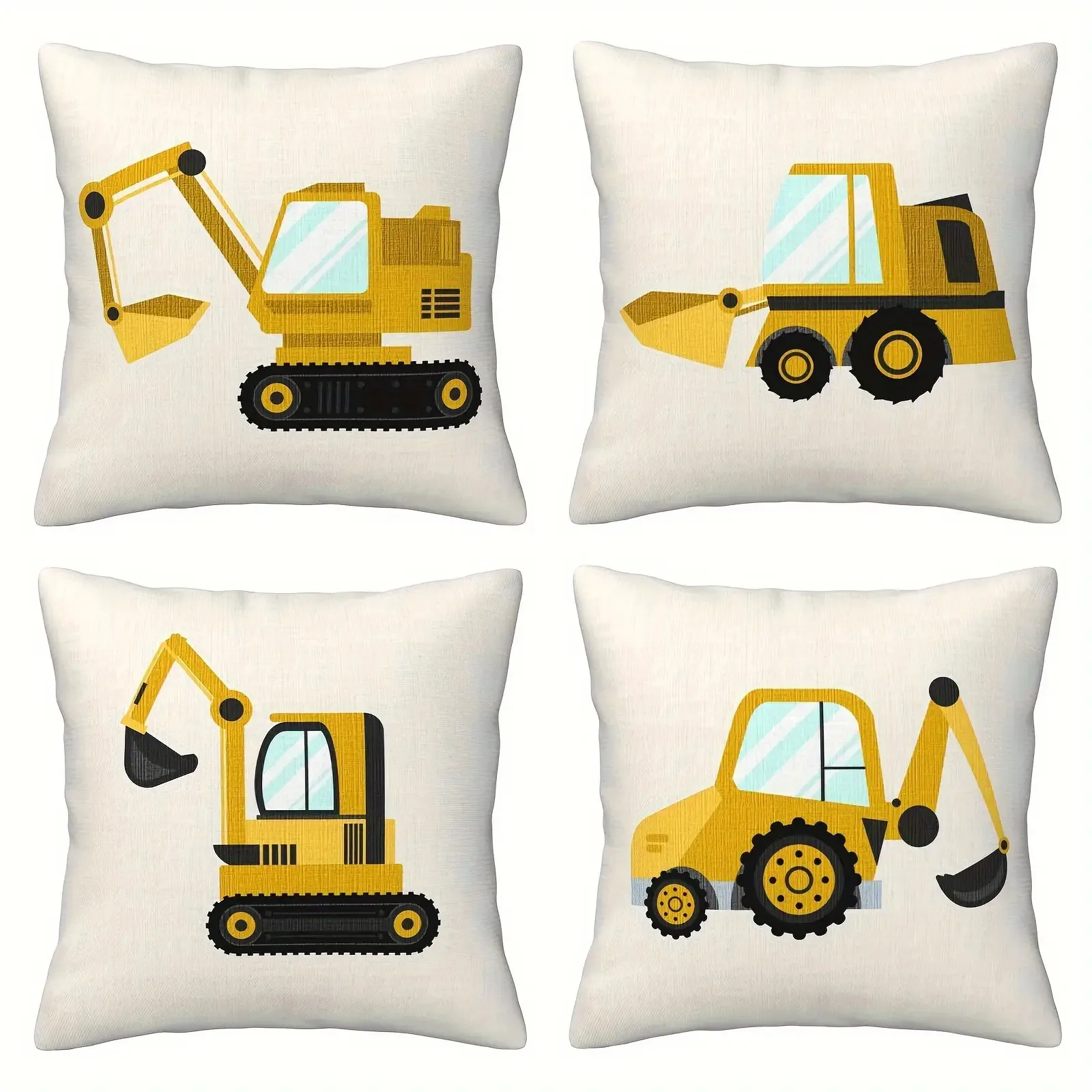 4pcs Cartoon Construction Vehicle Throw Pillow Covers, Cute Excavator & Bulldozer Print Cushion Cases, Playful Kids Room Decor