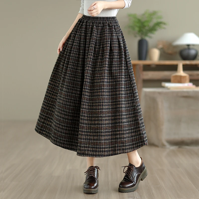 High Waist Plaid Woolen Skirt Midi Length Elastic Artistic A-Line Skirt Umbrella Skirt Commute Style Cotton Polyester Blend