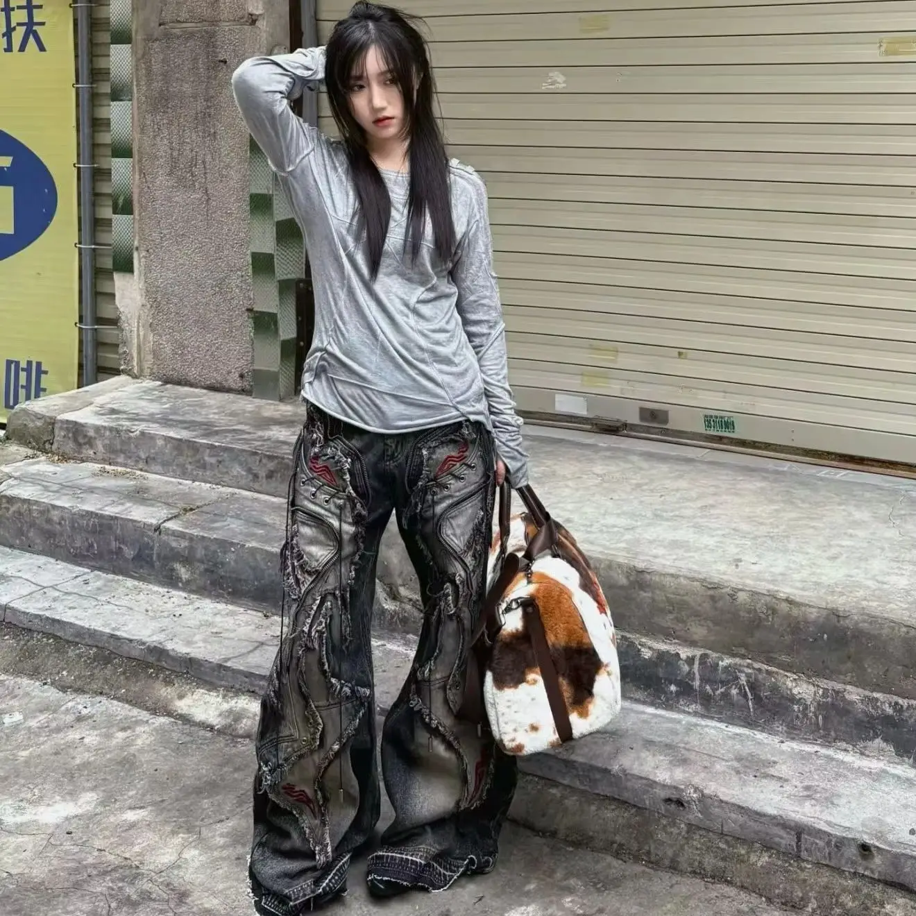 American Retro Heavy Industry Three-Dimensional Cut Embroidery Dark Loose Slightly Flared Jeans For Men And Women