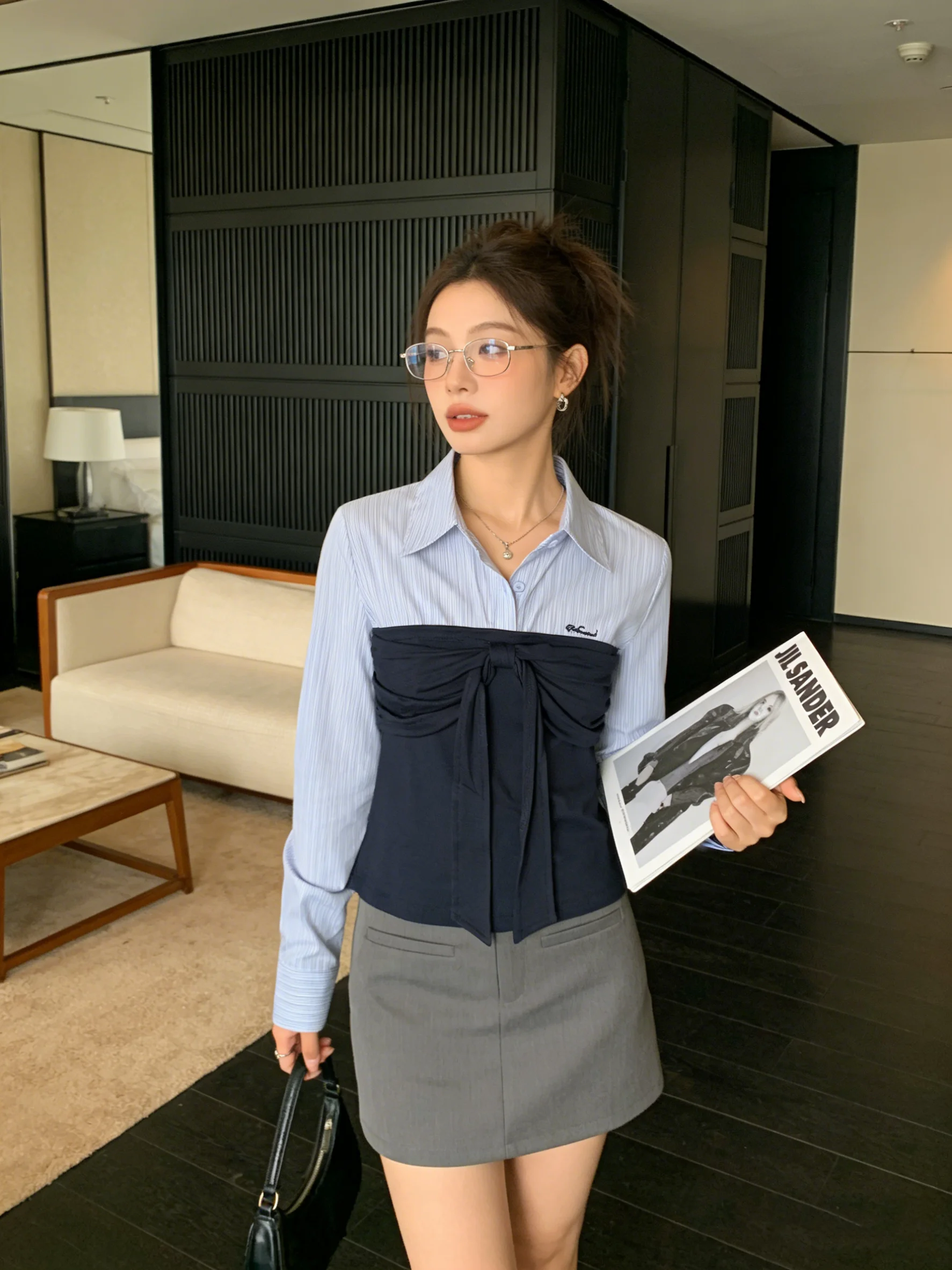 

Early Spring Faionable Striped Ne ort irt Korean Sle Patchwork Slimming Top Breathable Long Sve Women's Blouse