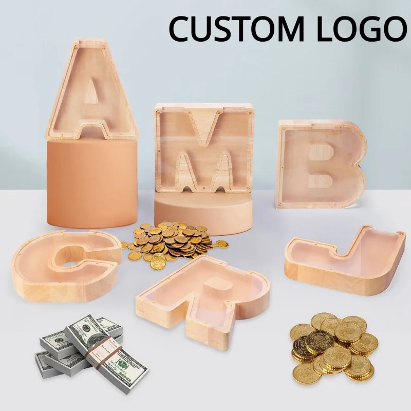 

Custom LOGO Wooden A B C Letters Money Box Handicraft Laser Engrave Wood Alphabet Piggy Bank Gift Personalize Character Jar