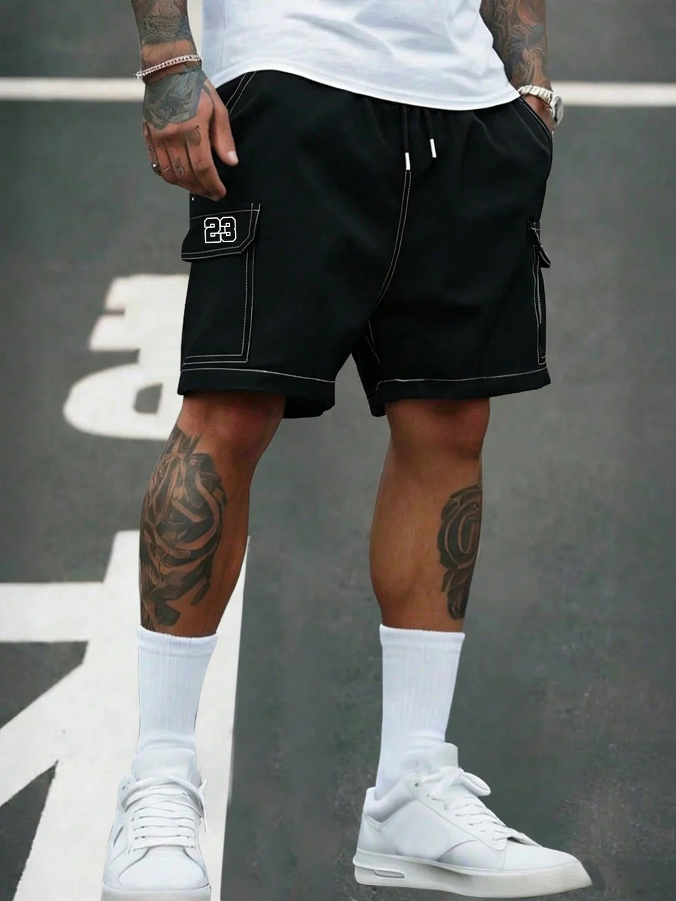 

Мужские черные шорты-карго с белой строчкой, повседневные, свободного кроя, летняя уличная одежда