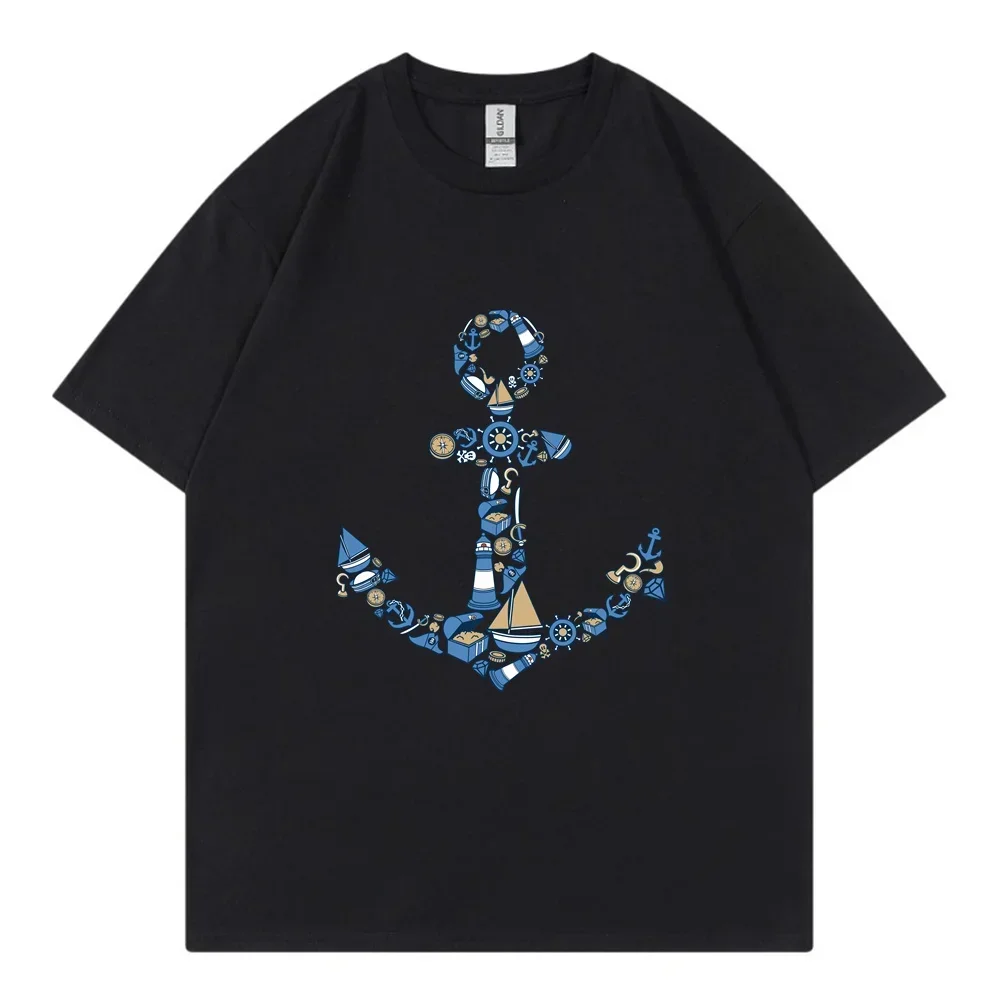 Retro Fun Anchor Warm Cotton Pattern T-shirt, Casual Sports Street Wear, Y2K Casual Sports Men's Summer T-shirt