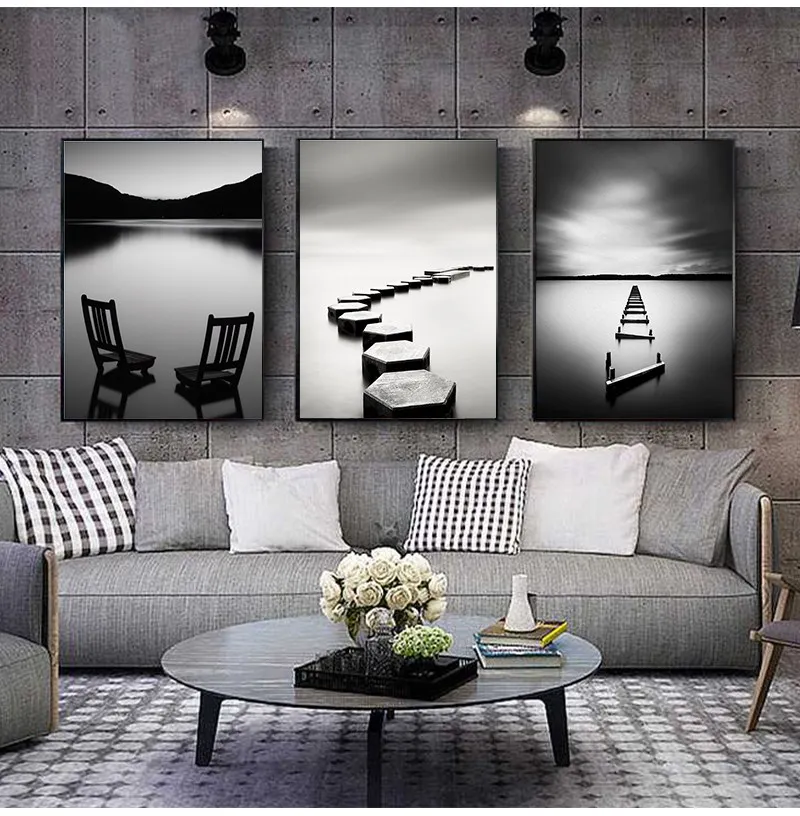 Black and White Landscape Canvas Painting Stone Wooden Bridge Posters Wall Art Print Pictures for Living Room Home Decor