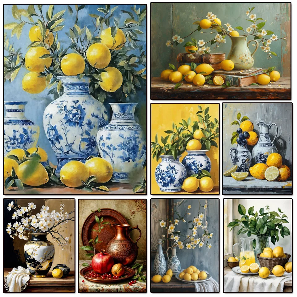 Diy Diamond Art Painting New Cross Stitch Kit Lemon Vase Pomegranate Full Mosaic Embroidery Picture Home Kitchen Decoration