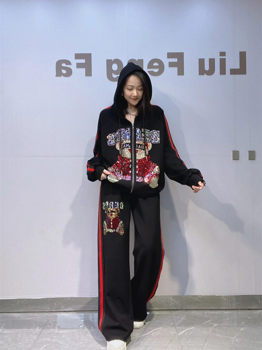 

Women's Zipper Cardigan Long Sleeve Sweatshirt Set Diamond Splicing Weave Belt Long Pants Two-Piece Set Autumn Winter Heavy Duty