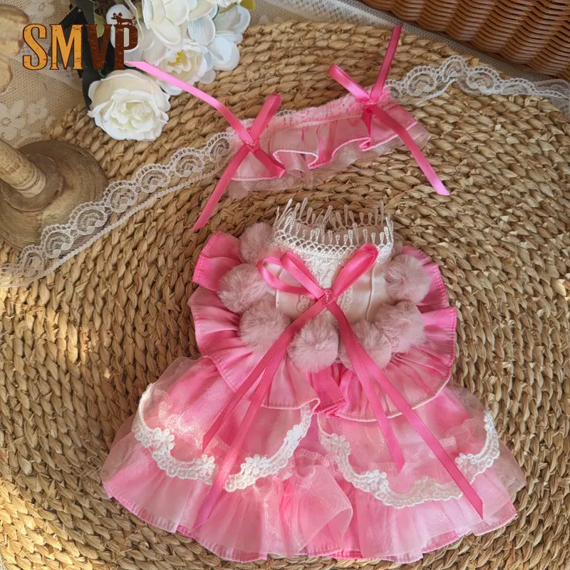 

Delicate Pink Lolita Pet Dress Tiered Lace Dress With Bows Cute Elegant Outfit For Small Dogs Cats Optional Matching Headpiece