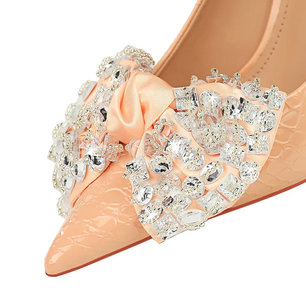 Kobiety 10cm Wysokie obcasy Czółenka Szpiczasty nosek Węzeł motylkowy Zielony Nude Obcasy Biuro Lady Serpentine Rhinestone Buty ślubne Prom