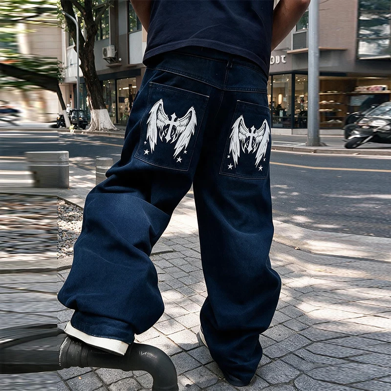 Men's jeans, denim blue trousers, white wing print technology, low-waisted loose casual wide-leg trousers for street trendy men