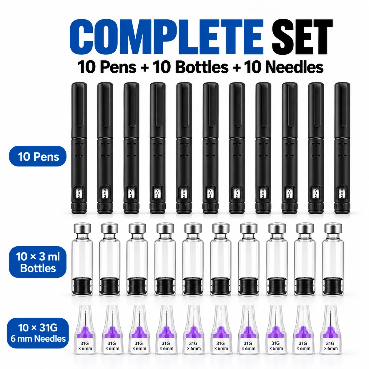 30PCS Disposable Insulin Injection Pen Kit with 10pcs 3ml Empty Cartridges 10 Needles Adjustable Dosage Injector for Travel