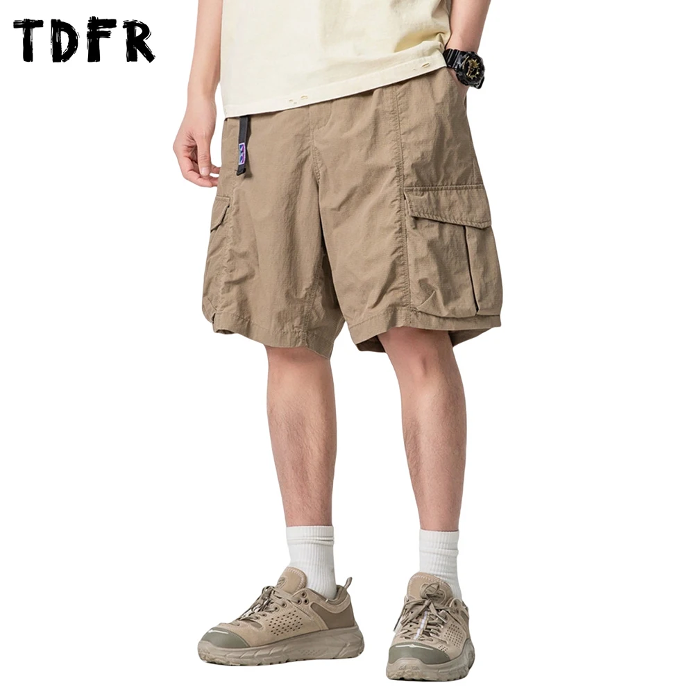 포켓 솔리드 카고 반바지 남성 여름 캐주얼 사파리 스타일 밴딩 허리 벨트 배기 와이드 레그 퀵 드라이 무릎 길이 반바지 남성용