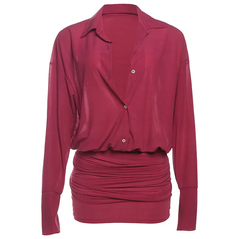 Mini camicie aderenti con lacci tinta unita moda donna Abito colletto rovesciato Manica lunga monopetto Abiti da vacanza a vita bassa